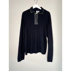 Armani Exchange Mens Merino Wool Quarter Zip Sweater Leather Trim Black Large L